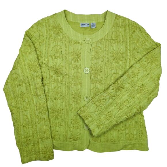 Chico's Green Embroidered Cotton Lightweight Jacket Floral Cardigan Size 2 (Med) - Picture 2 of 6